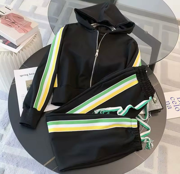 Women Color Patchwork Striped Hooded Two Piece Tracksuit Pant Set
