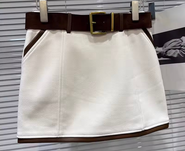 Women Color Belted Fashion Short Skirt