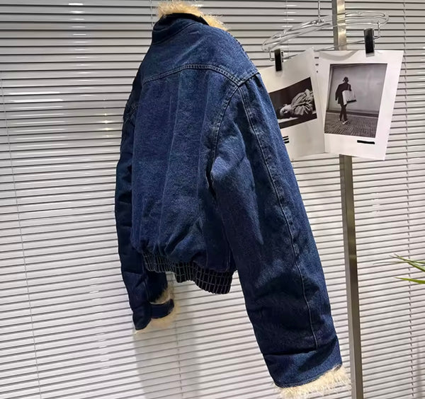 Women Fashion Fur Patchwork Denim Jacket