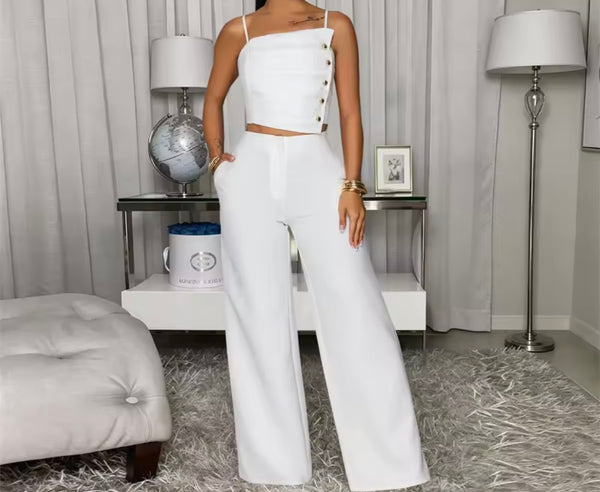 Women Color Button Up Sleeveless Two Piece Pant Set