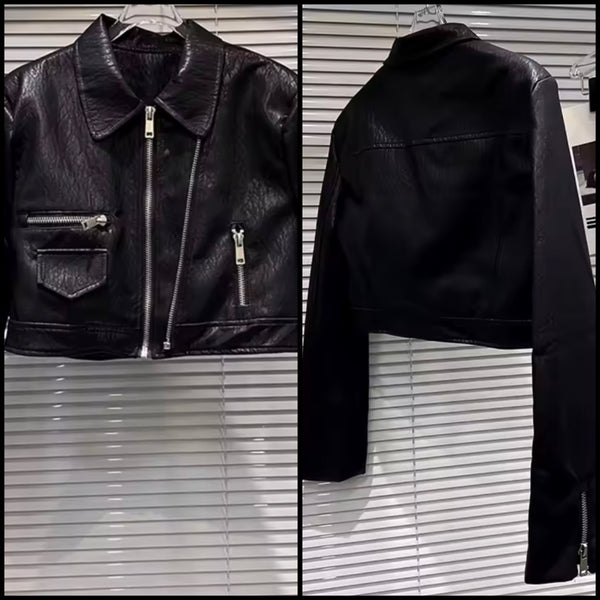 Women Black Zip Up Fashion Faux Leather Jacket