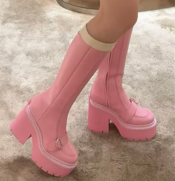 Women Fashion Pink Buckled Platform Zip Up Knee High Boots