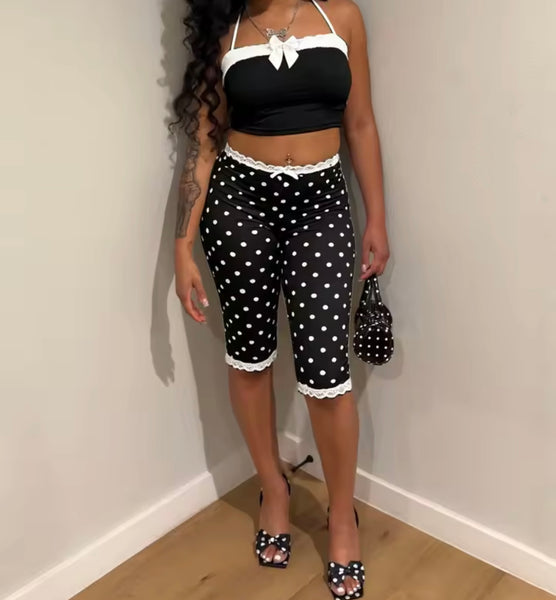 Women Sleeveless B&W Polka Dot Crop Tank Two Piece Capri Pant Set
