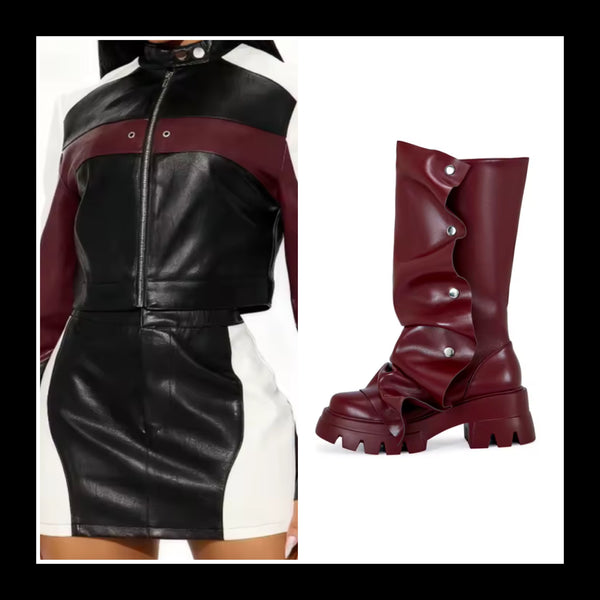 Women Sexy Faux Leather Color Patchwork Two Piece Skirt Set