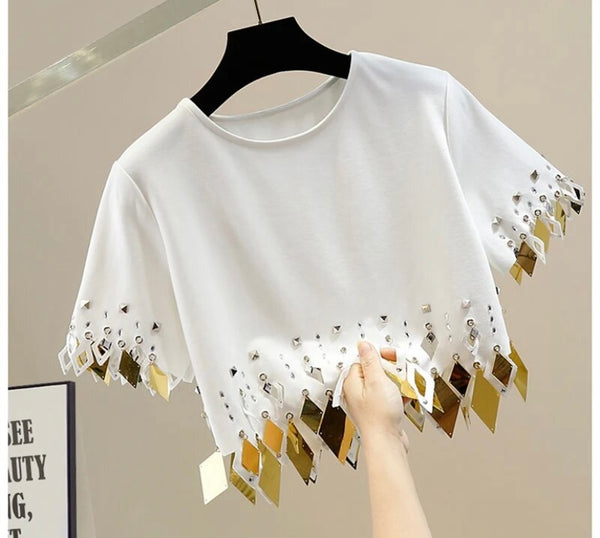 Women Fashion Short Sleeve Rivet Bling Tassel Crop Top