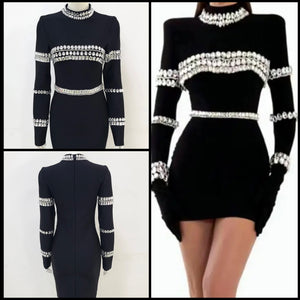 Women Sexy Long Sleeve Black Crystal Rhinestone Dress