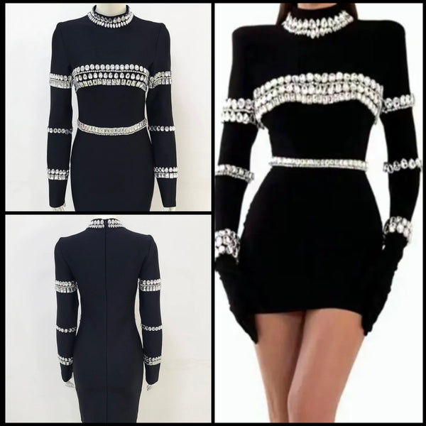 Women Sexy Long Sleeve Black Crystal Rhinestone Dress