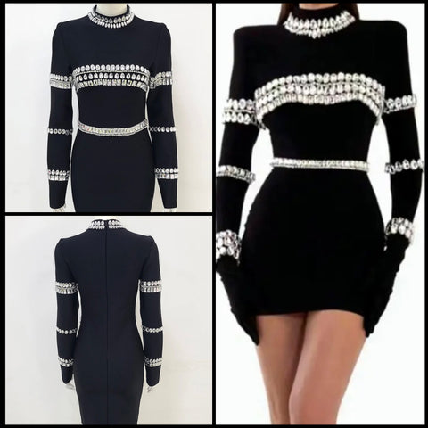 Women Sexy Long Sleeve Black Crystal Rhinestone Dress