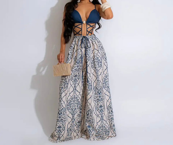 Women Sexy Sleeveless Lace Up Printed Wide Leg Jumpsuit