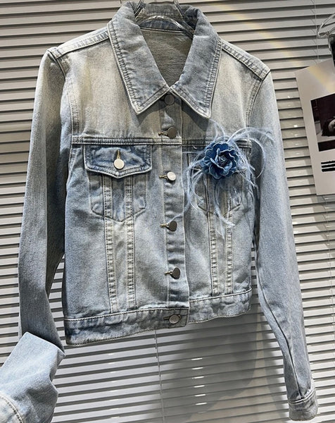 Women Flower Feather Fashion Rhinestone Denim Two Piece Jacket Skirt Set