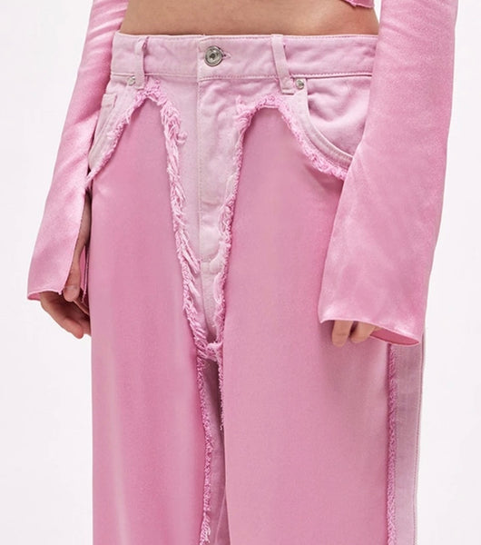 Women Fashion Pink Denim Patchwork Pants