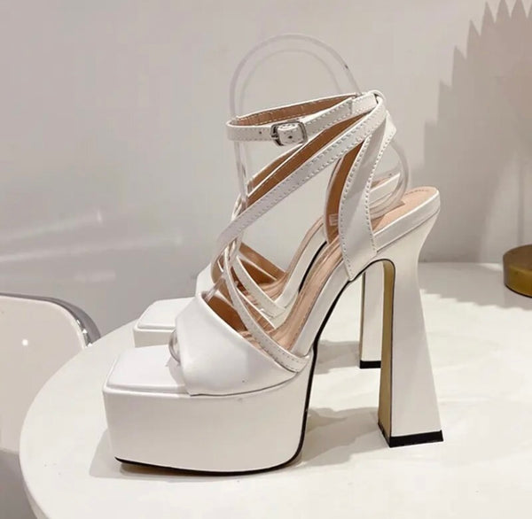 Women Fashion White Square Open Toe Platform Ankle Strap Sandals