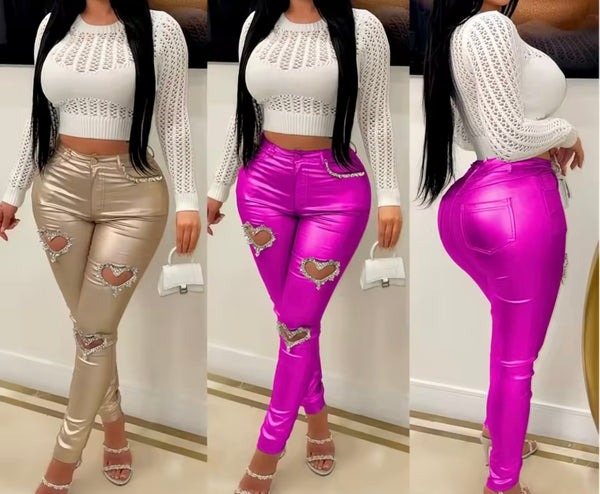 Women Fashion Rhinestone Heart Cut Out PU Pants