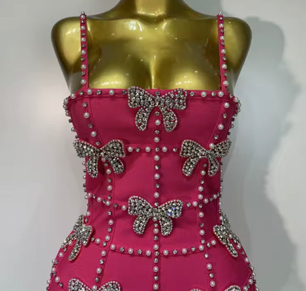 Women Pink Beaded Bow Sexy Sleeveless Dress