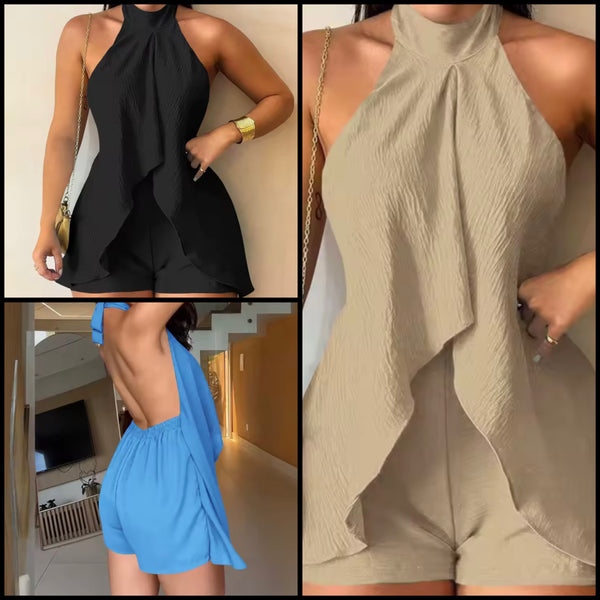 Women Halter Sleeveless Open Back Color Ruffled Romper