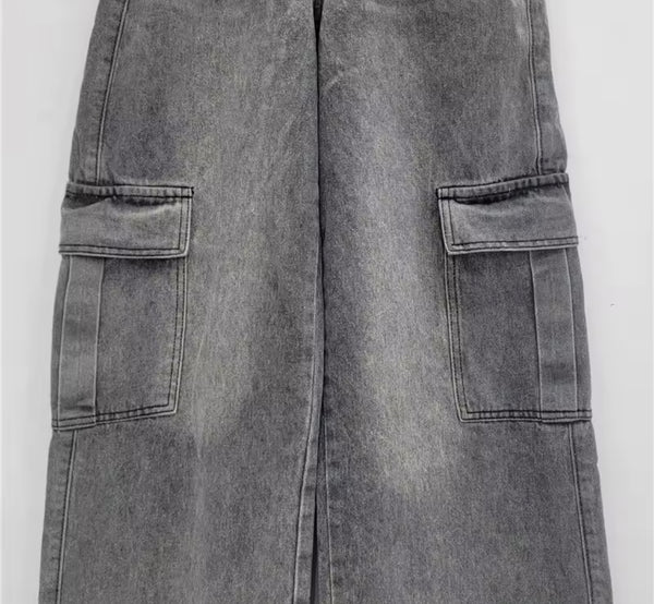 Women Fashion Cut Out Wide Leg Cargo Denim Pants