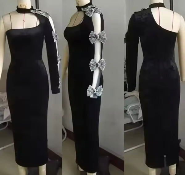 Women Sexy Black Velour Bow One Shoulder Full Sleeve Dress