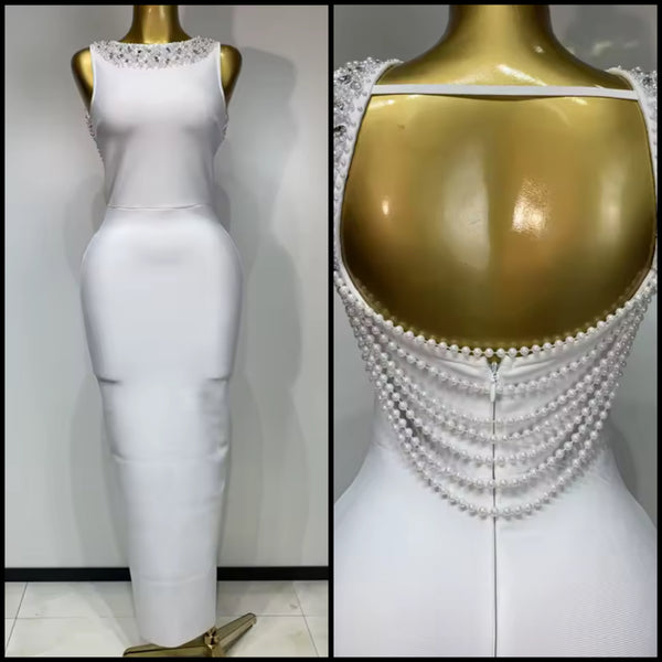 Women Sexy Rhinestones Pearl Open Back Maxi Dress