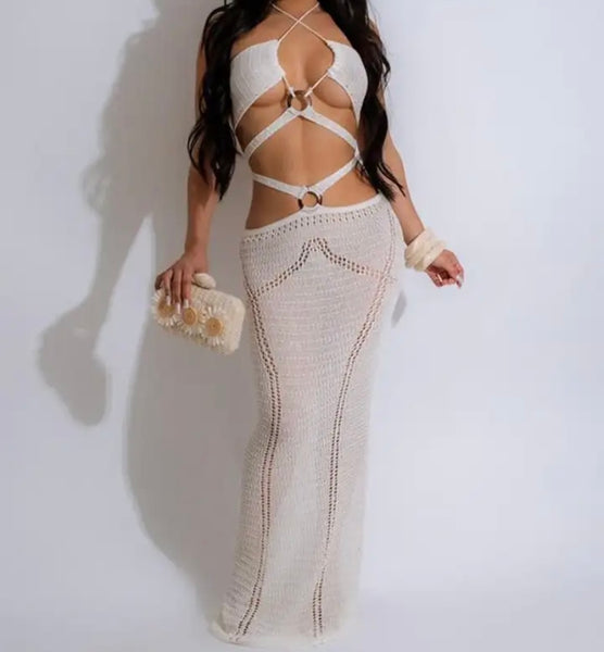 Women White Sexy Sleeveless Criss Cross Cut Out Knitted Maxi Dress