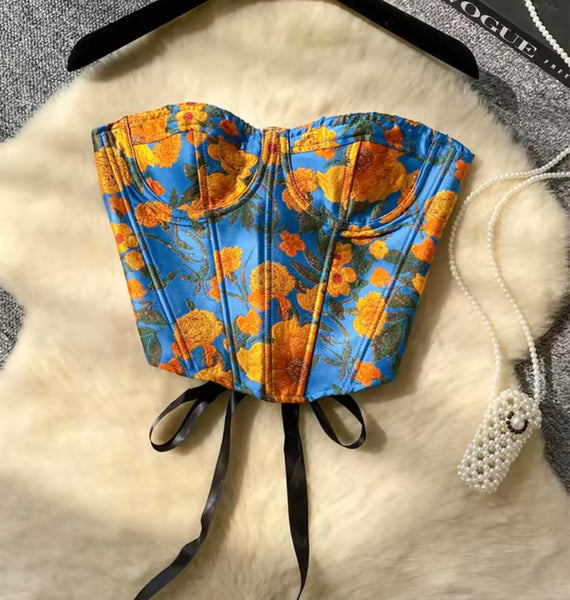 Women Sexy Fashion Strapless Floral Corset Top