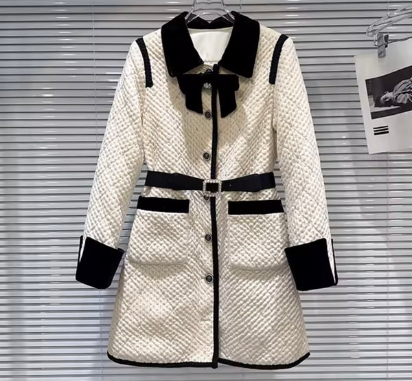 Women Color Patchwork Bow Rhinestone Button Up Jacket