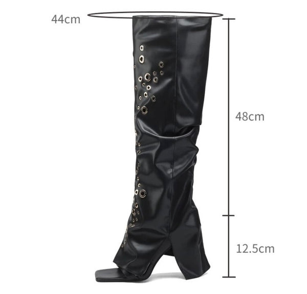 Women Open Toe Fashion Faux Leather Black Rivet Knee High Boots