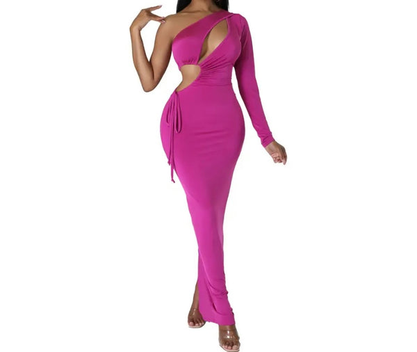 Women Sexy Solid Color One Shoulder Full Sleeve Maxi Dress