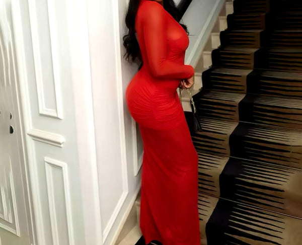 Women Sexy Red Mesh Full Sleeve Side Split Maxi Dress