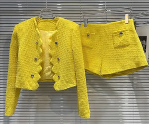 Women Yellow Button Up Full Sleeve Blazer Two Piece Short Set