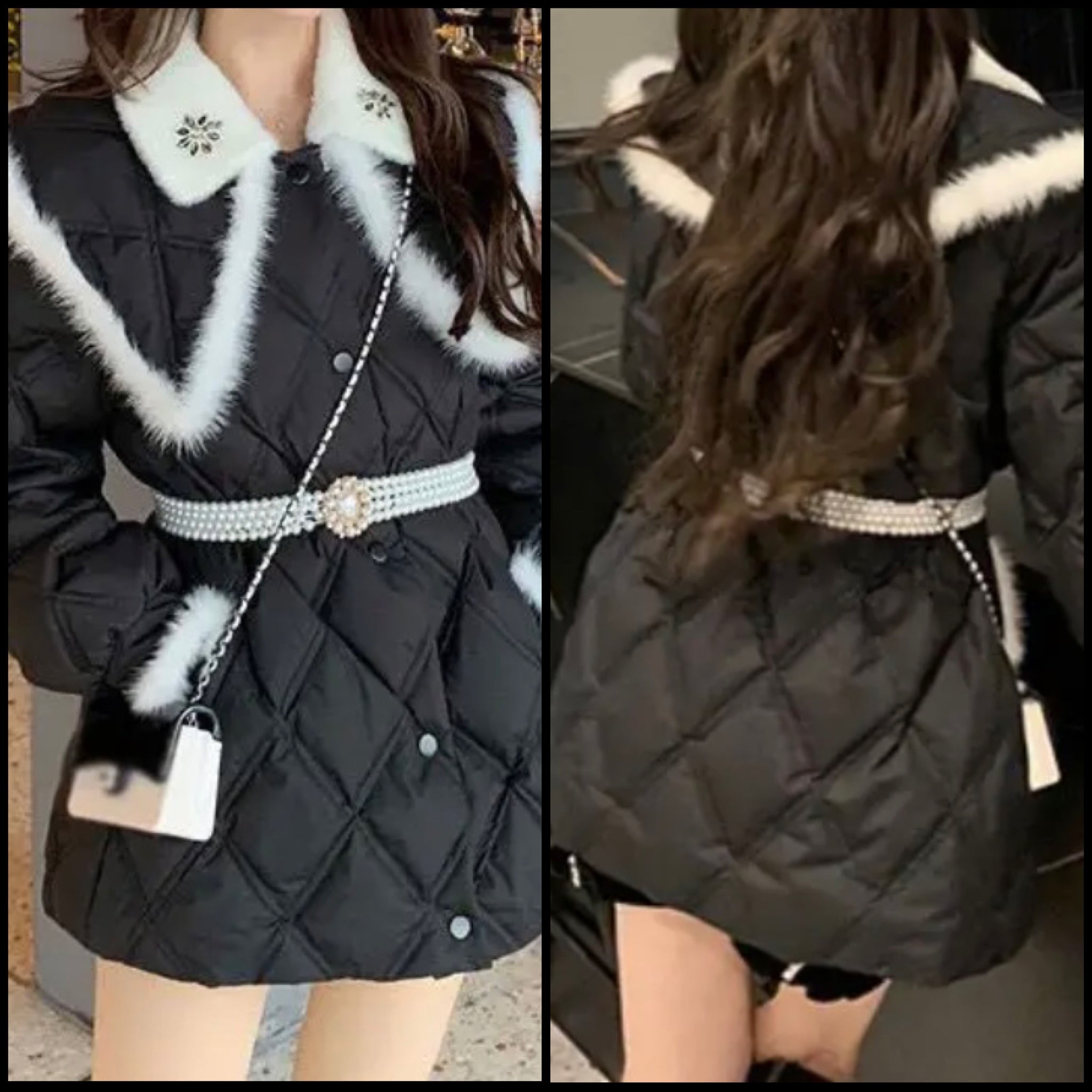 Women Fashion B&W Faux Fur Patchwork Pearl Belted Jacket