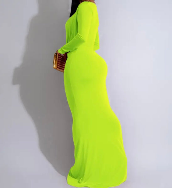 Women Sexy Metal Cut Out Full Sleeve Solid Color Maxi Dress