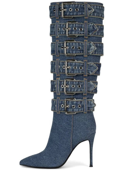 Women Fashion High Heel Buckled Denim Knee High Boots