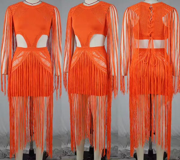 Women Sexy Sleeveless Fringe Tassel Cut Out Dress