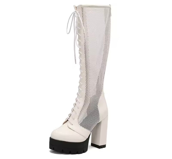 Women Color Buckled Mesh Lace Up Platform Knee High Fashion Boots