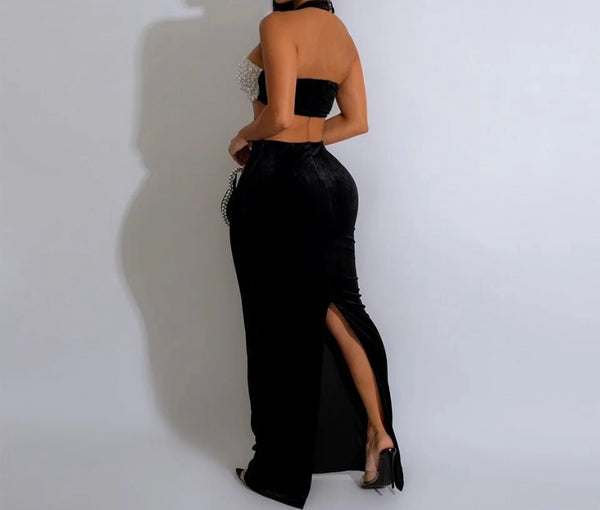 Women Sexy B&W Halter Sleeveless Pearl Velour Maxi Dress