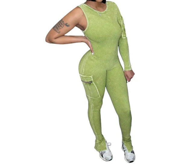 Women Fashion One Shoulder Full Sleeve Pocket Ribbed Jumpsuit