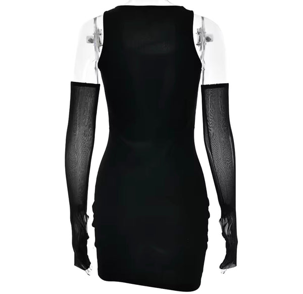 Women Sexy Black Velour Mesh Patchwork Glove Dress