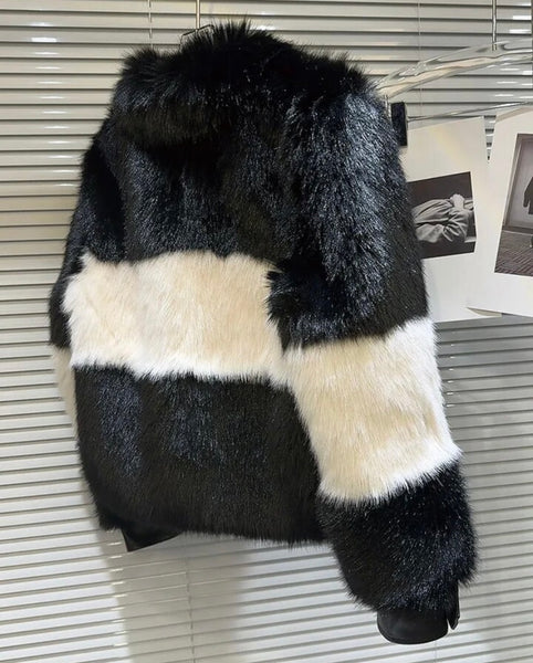 Women B&W Color Patchwork Fashion Faux Fur Jacket