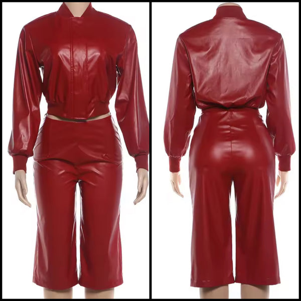 Women Fashion Red Faux Leather Jacket Two Piece Capri Pant Set
