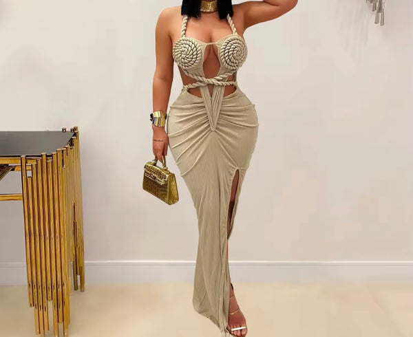 Women Halter Sleeveless Open Back Color Sexy Maxi Dress