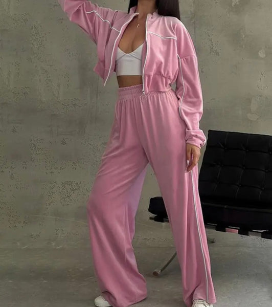 Women Fashion Velour Striped Full Sleeve Tracksuit Two Piece Pant Set