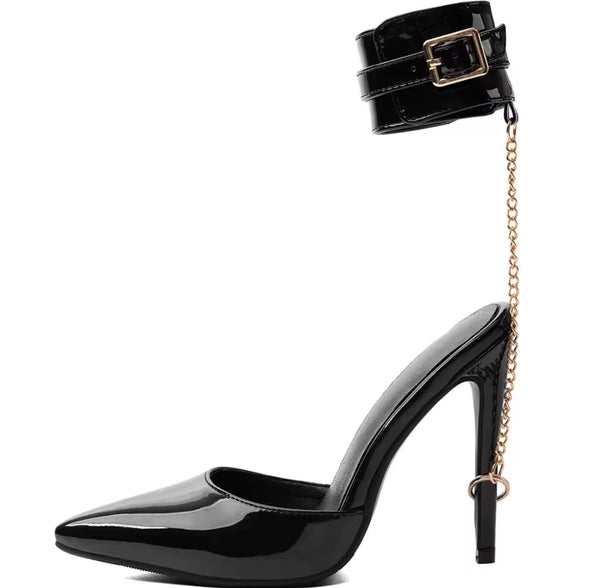 Women Fashion Pointed Toe Patent Leather Chain Buckle High Heels