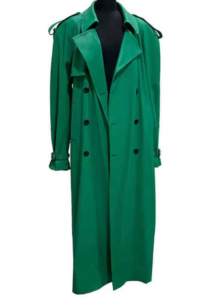Women Green Faux Leather Fashion Trench Jacket
