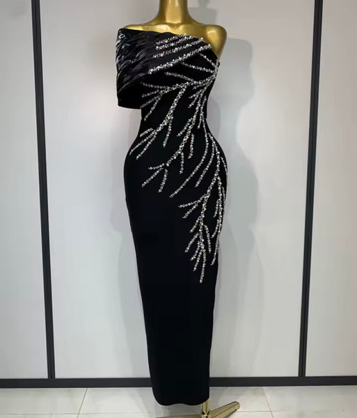 Women Sexy Black Off The Shoulder Sleeveless Pearl Bling Maxi Dress