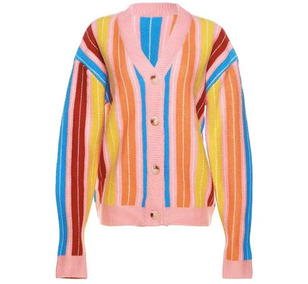 Women Fashion Colorful Striped Button Up Cardigan Top