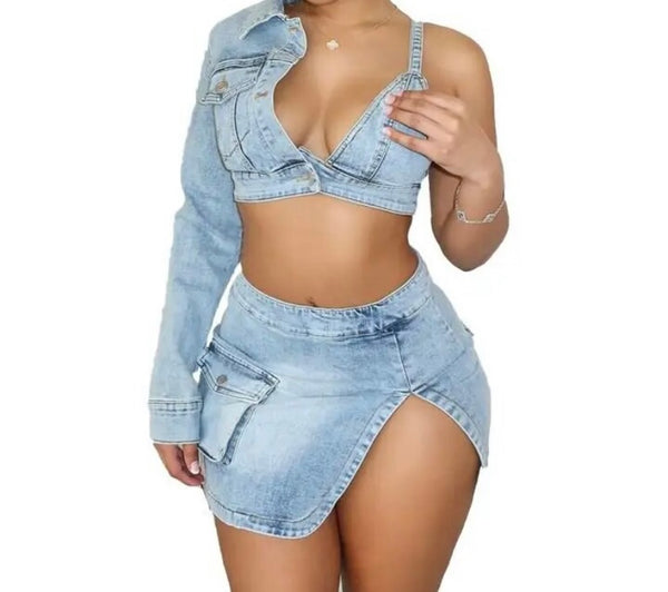 Women Sexy Fashion One Shoulder Crop Jacket Two Piece Denim Skirt Set