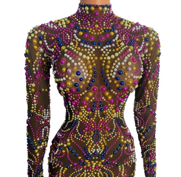 Women Sexy Full Sleeve Colorful Beaded Mesh Dress