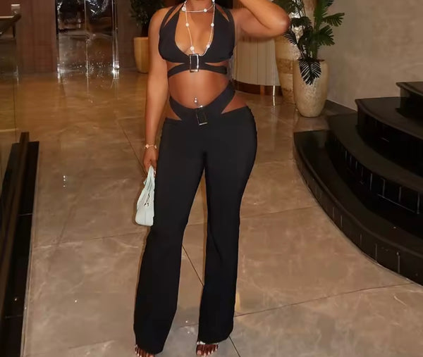 Women Black Halter Sleeveless Sexy Cut Out Two Piece Pant Set