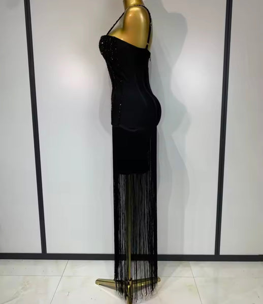 Women Rhinestone Sleeveless Fringe Tassel Sexy Maxi Dress