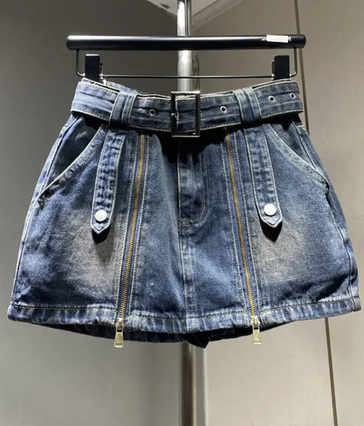 Women Fashion Buckled Zipper Denim Skirt